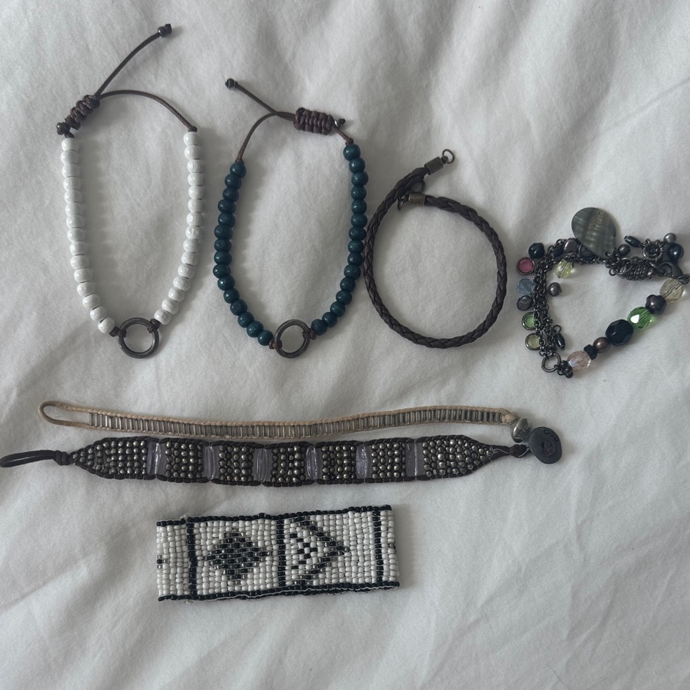Handcrafted Beaded Bracelet Set - Black, White, Green